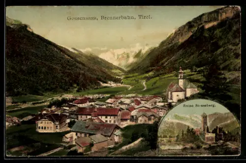 AK Gossensass /Tirol, vista panoramica con rovina di Strassberg