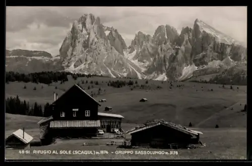AK Alpe di Siusi, Gruppo Sassolungo, Rifugio al Sole con vista panoramica sulle montagne