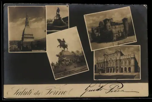 AK Torino, Collage di monumenti storici con Mole Antonelliana e statue