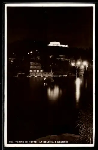 AK Torino, Veduta notturna della città con la Colonia 3 Gennaio illuminata