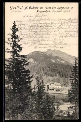 AK Pragserthal, Gasthof Brückele, Vista del paesaggio montano e del bosco circostante