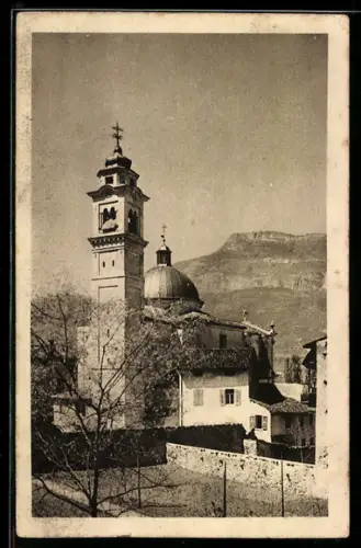 AK Rovereto, Vista del duomo con campanile e montagne sullo sfondo