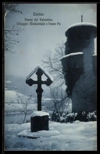 AK Torino, Parco del Valentino, Villaggio Medioevale e fiume Po innevati