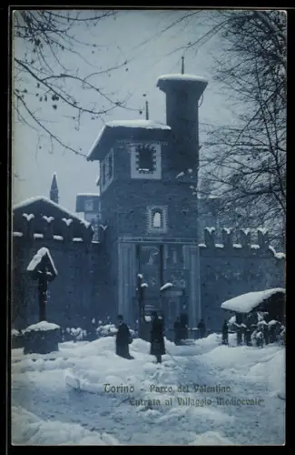 AK Torino, Parco del Valentino, Entrata al Villaggio Medioevale innevata