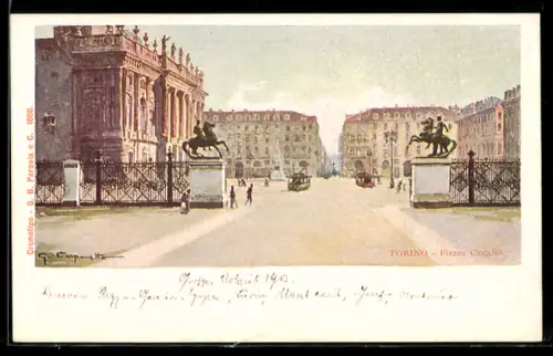 AK Torino, Piazza Castello con statue equestri e palazzi storici