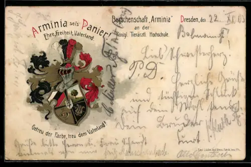 Lithographie Dresden, Burschenschaft Arminia an der Königl. Tierärztl. Hochschule, Ritterhelm mit Studentenwappen