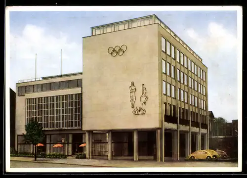 AK Hamburg-Eimsbüttel, Haus des Sports, mit Gaststätte, VW-Käfer