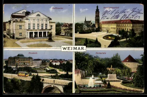 AK Weimar, Residenzschloss, Hoftheater, Museum mit Strassenbahn