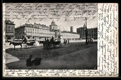AK Torino, Piazza Castello con carrozze e palazzi storici