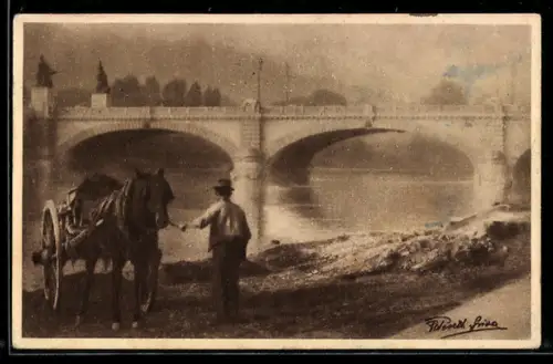 AK Torino, Ponte Umberto con carro e cavallo lungo il fiume