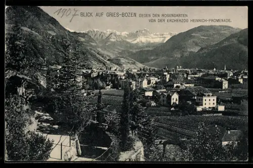 AK Gries-Bozen, Gries-Bozen vista verso il Rosengarten dalla passeggiata Erzherzog Heinrich