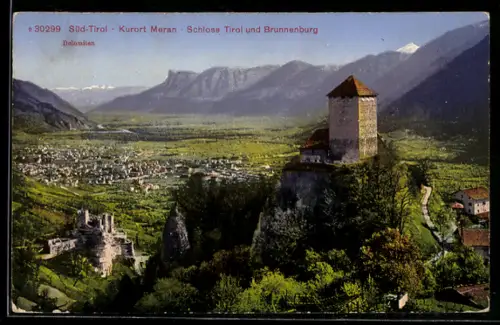 AK Merano, Veduta generale con Castello Tirolo e Castel Brunnenburg nelle Dolomiti
