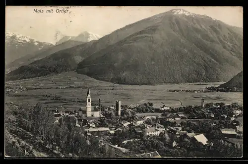 AK Mals, Totalansicht mit Ortler aus der Vogelschau