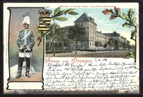 AK Dresden, Kaserne des Königl. Sächs. Garde-Reiter-Regiments, Soldat in Uniform, Stauffenbergallee
