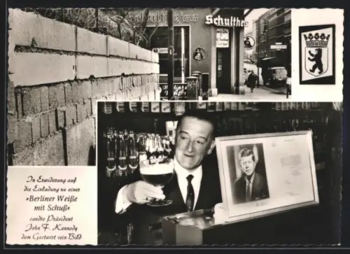 AK Berlin-Kreuzberg, Alt-Berliner-Wirtshaus an der Waldemar Brücke, Leuschnerdamm 25, Wirt mit einem Glas, Grenze