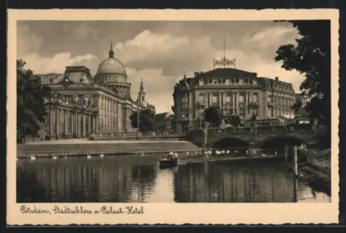 AK Potsdam, Stadtschloss und Palast-Hotel mit Strassenbahn