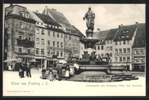 AK Freiberg i. S., Strasse am Obermarkt mit Denkmal Otto des Reichen