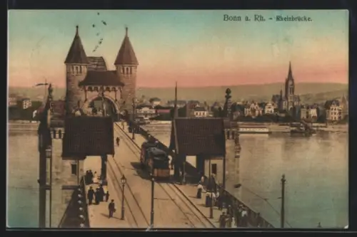AK Bonn a. Rh., Rheinbrücke mit Strassenbahn