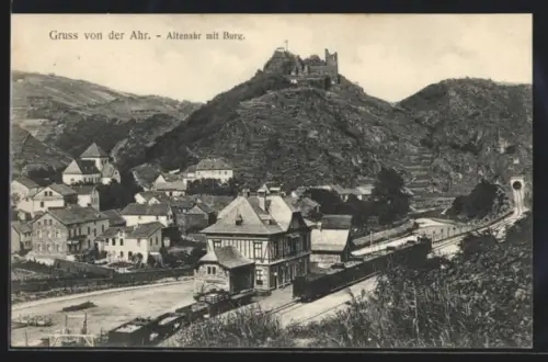 AK Altenahr /Ahr, Bahnhof, Im Hintergrund Burg