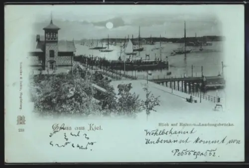 Mondschein-AK Kiel, Hafen und Landungsbrücke