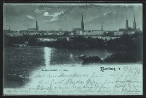 Mondschein-AK Hamburg-Neustadt, Teilansicht mit Lombardsbrücke