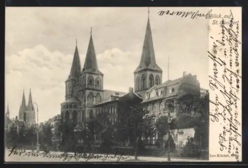 AK Köln, St. Kunibert-Kirche mit Strassenpartie