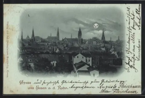 Mondschein-AK Essen a. d. Ruhr, Teilansicht mit Kirche