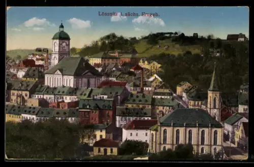 AK Lössnitz i. sächs. Erzgeb., Stadtansicht mit Kirche und Marktplatz