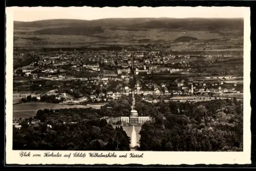 AK Kassel, Blick vom Herkules auf Schloss Wilhelmshöhe und Stadtansicht