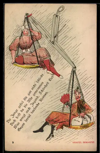 AK Zwei Frauen sitzen auf Waagschalen, Reichtum siegt vor Liebe