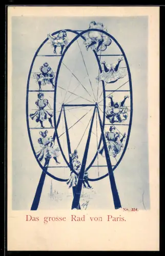 AK Das grosse Rad von Paris, Frauen in verschiedenen Positionen auf dem Rad