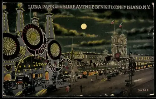 AK Coney Island, N.Y., Luna Park and Surf Avenue by night