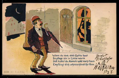 AK Herr aus dem Wirtshaus zurückkehrend wird von seiner grollenden Frau erwartet, frauenfeindlicher Humor