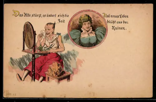 AK Alte Frau bei der Toilette, Abbild einer jungen Frau