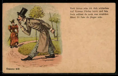 AK Herr mit Zylinder und alte Frau im Park, frauenfeindlicher Humor