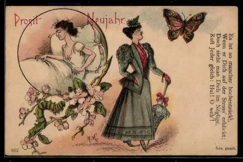 AK Alte Frau zu Neujahr und junge Frau mit Schirm, frauenfeindlicher Humor