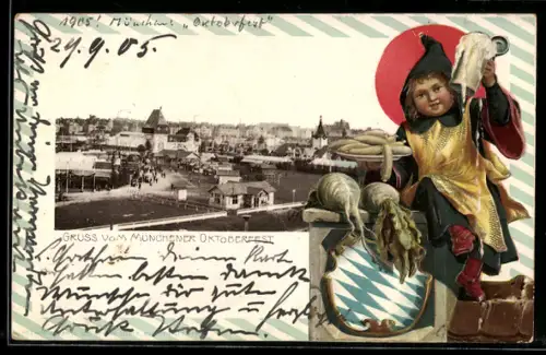 AK München, Oktoberfest, Festgelände und Münchner Kindl mit Bierkrug, Wappen