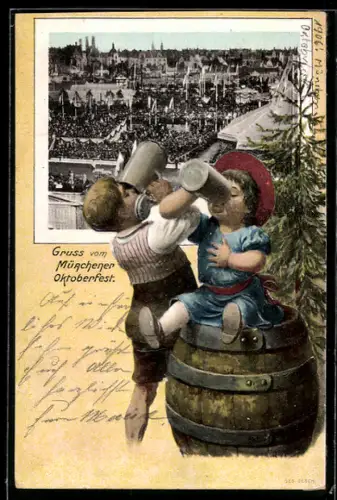 AK Münchener Oktoberfest, Kinder auf Bierfass trinken Bier, Ansicht des Festplatzes