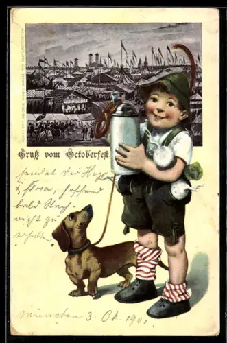 AK München, Gruss vom Oktoberfest, Bub mit Mass, Radi und Brezen, Hungriger Dackel