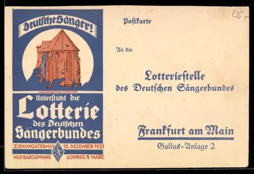 AK Frankfurt a. M., Lotterie des Deutschen Sängerbundes 1931, Preisausschreiben, Meistersingerkirche in Nürnberg