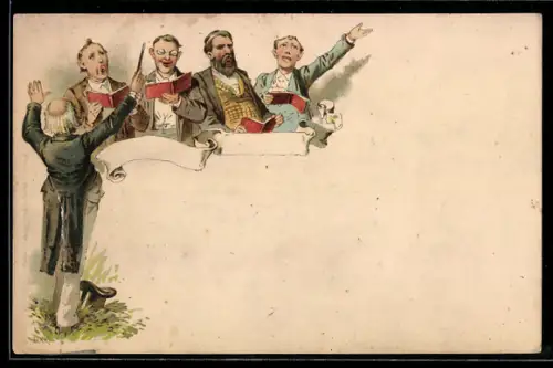 Lithographie Männer stimmen ein Lied an, Sängerfest