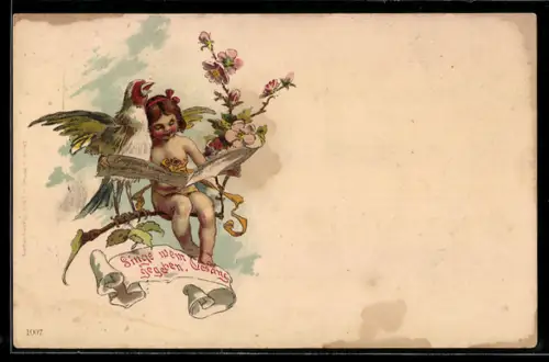 Lithographie Mädchen und Vogel stimmen gemeinsam ein Lied an, Singe wem Gesang gegeben, Sängerfest