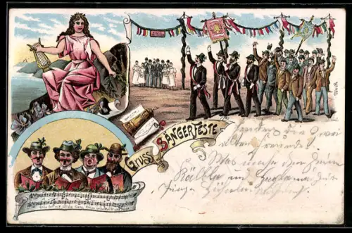 Künstler-AK Frankfurt / Main, marschierende und singende Sänger auf dem Sängerfest, Göttin mit Lyra