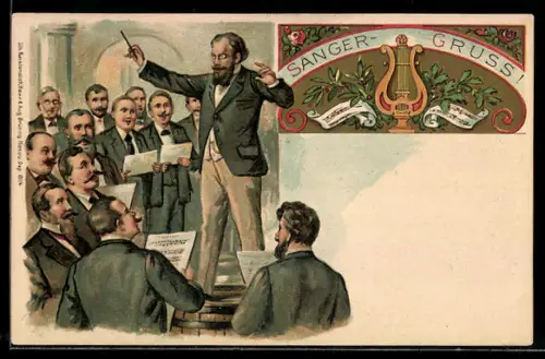 Lithographie Weener, Sängerfest am 5. Juli 1903, Dirigent mit Chor