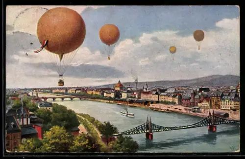 AK Ballons über Ortschaft mit Brücken
