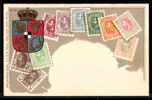 AK Briefmarken mit Wappen von Rumänien