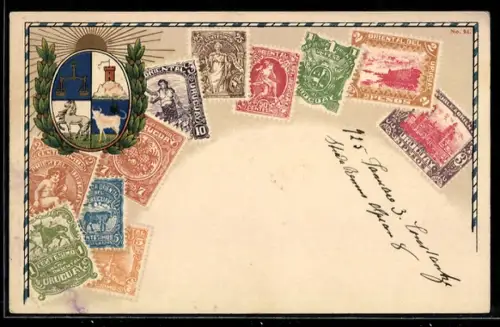 AK Uruguay, Wappen & versch. Briefmarken