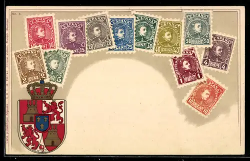 AK Briefmarken und Wappen von Spanien
