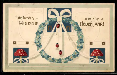 AK Fliegenpilze mit Schleife an einem Blumenkreis mit Marienchenkäfer