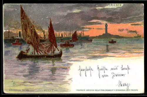 AK Trieste, Barche a vela al tramonto con faro sullo sfondo